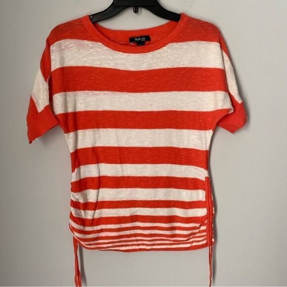 Style & Co Women’s Striped Linen Blend Short Sleeve Chinches Sides Teeshirt PS - Picture 1 of 3